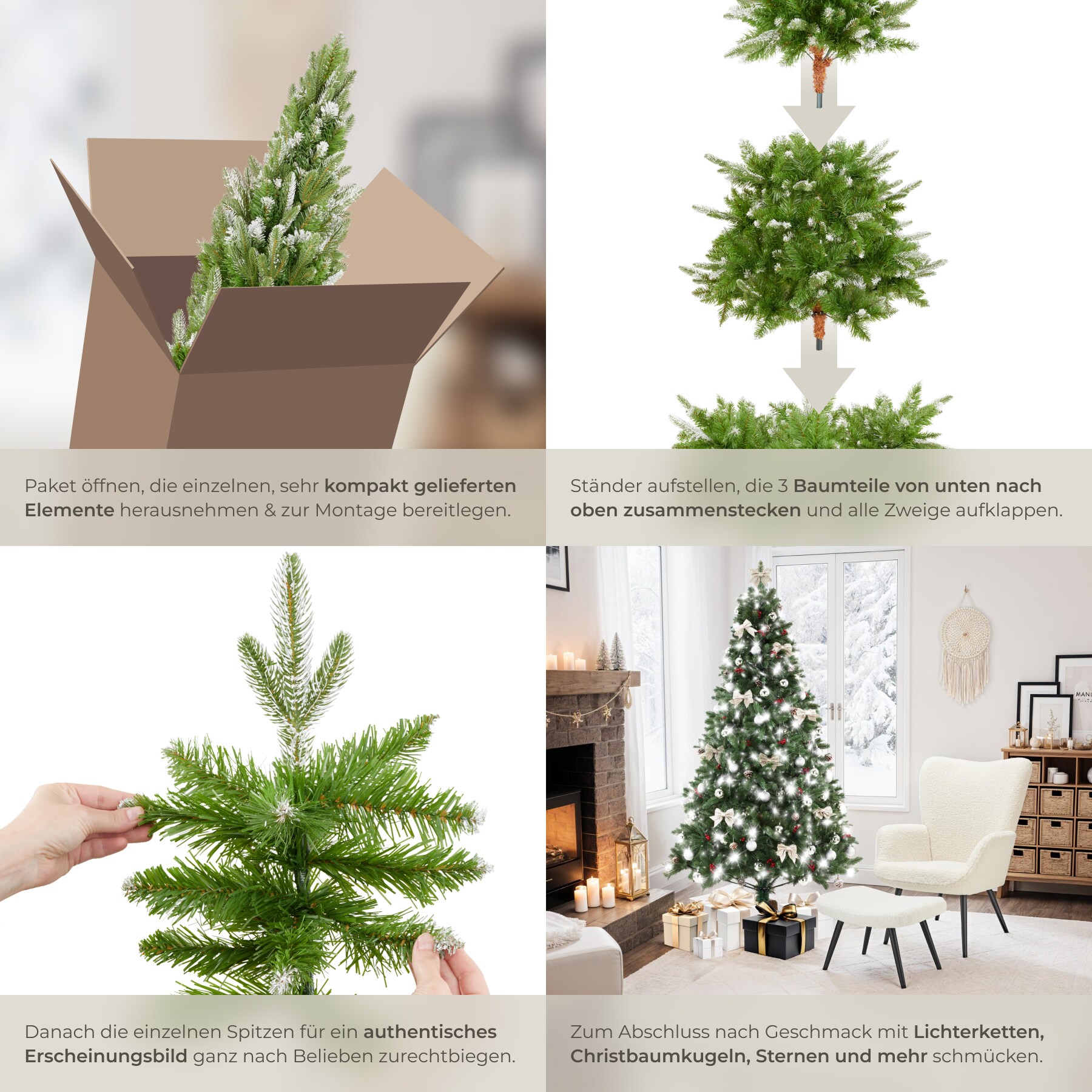 tectake® Weihnachtsbaum, künstlich in Grün, PVC- und Spritzgussnadeln, beschneite Spitzen, formbar mit viel Volumen, klappbarer Baumständer aus Holz, 110 x 180 cm