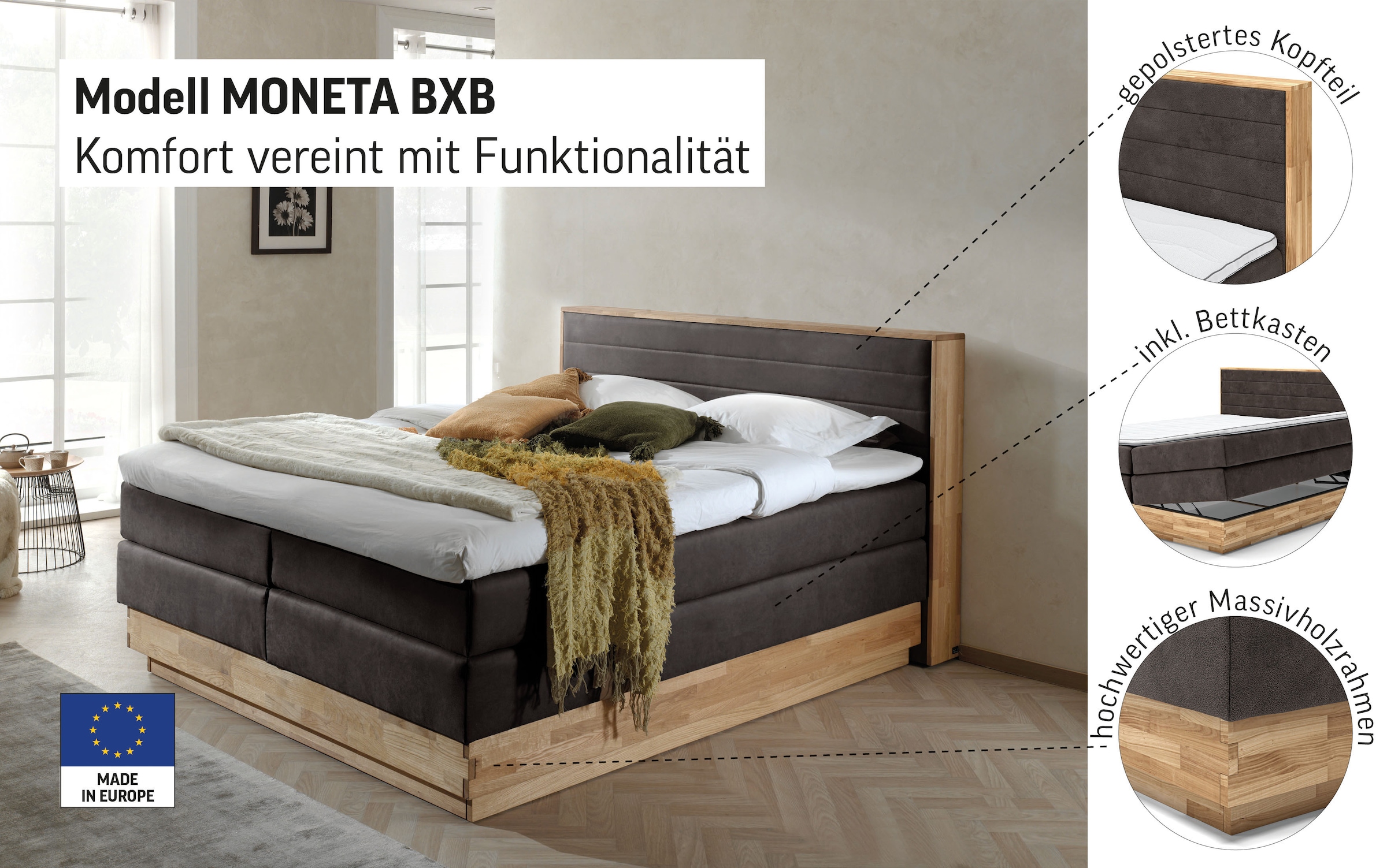 Home affaire Boxspringbett »Cavan« Eiche, inkl. Bettkasten & Topper, verschiedene Härtegrade (auch H4)