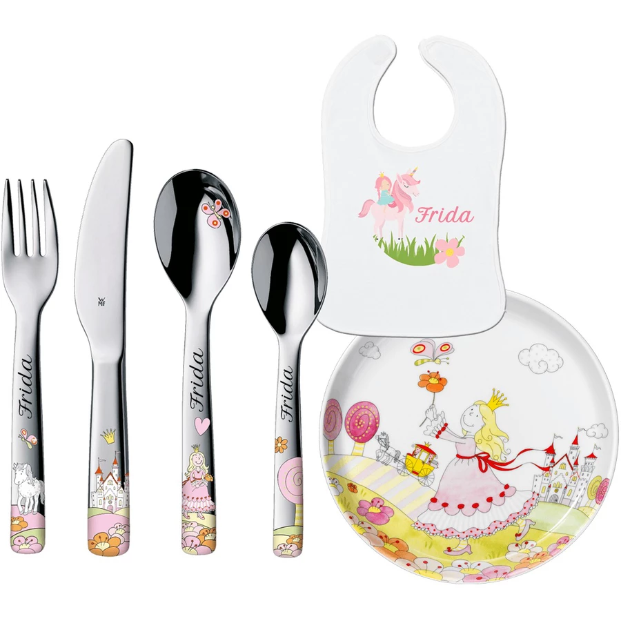 Schnullireich Geschenkset mit Namen Anneli: WMF Kinderbesteck + Kinderteller + Lätzchen 6-Tlg Silber