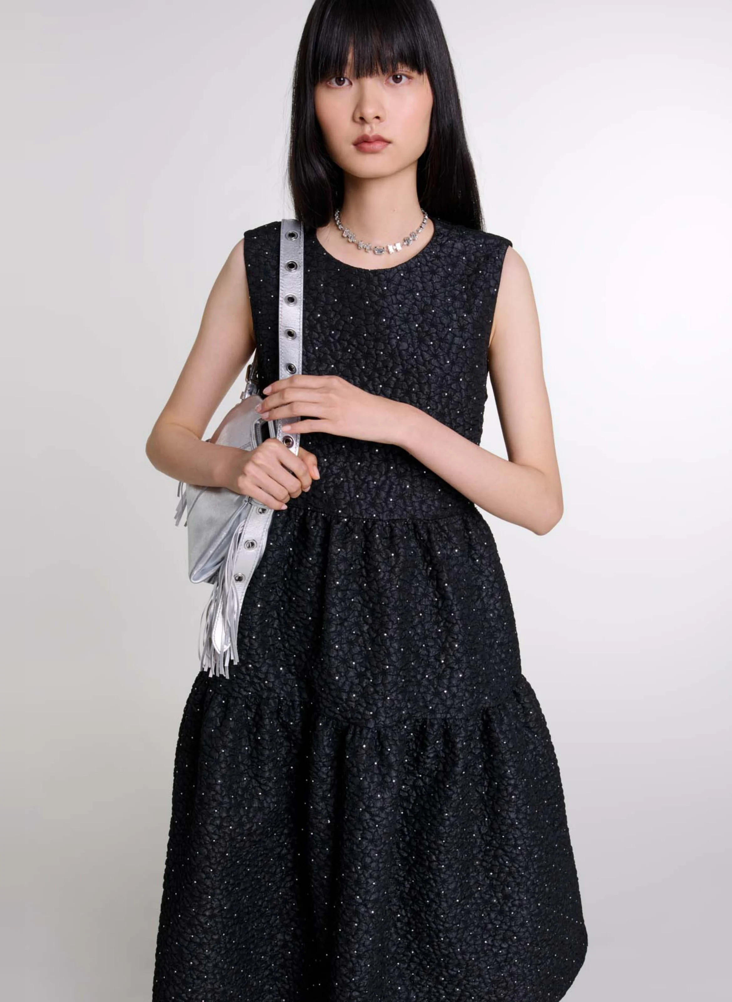 Robe longue col rond à strass | Noir