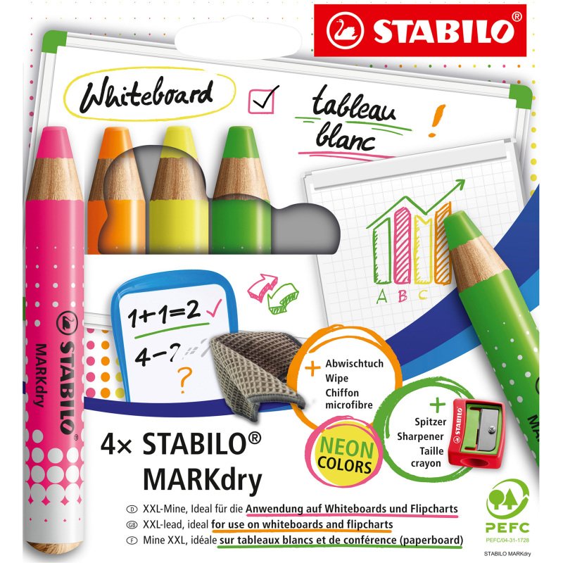 Crayon marqueur effaçable à sec Stabilo MARKdry - Etui de 4 couleurs assorties