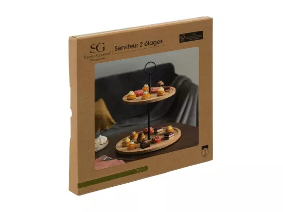 Serviteur à 2 niveaux en bambou - Beige - D 25,5 x H 28 cm
