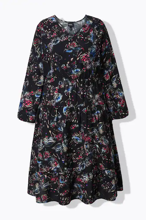 Midikleid, Schmetterlinge, A-Linie, V-Ausschnitt, Langarm, schwarz