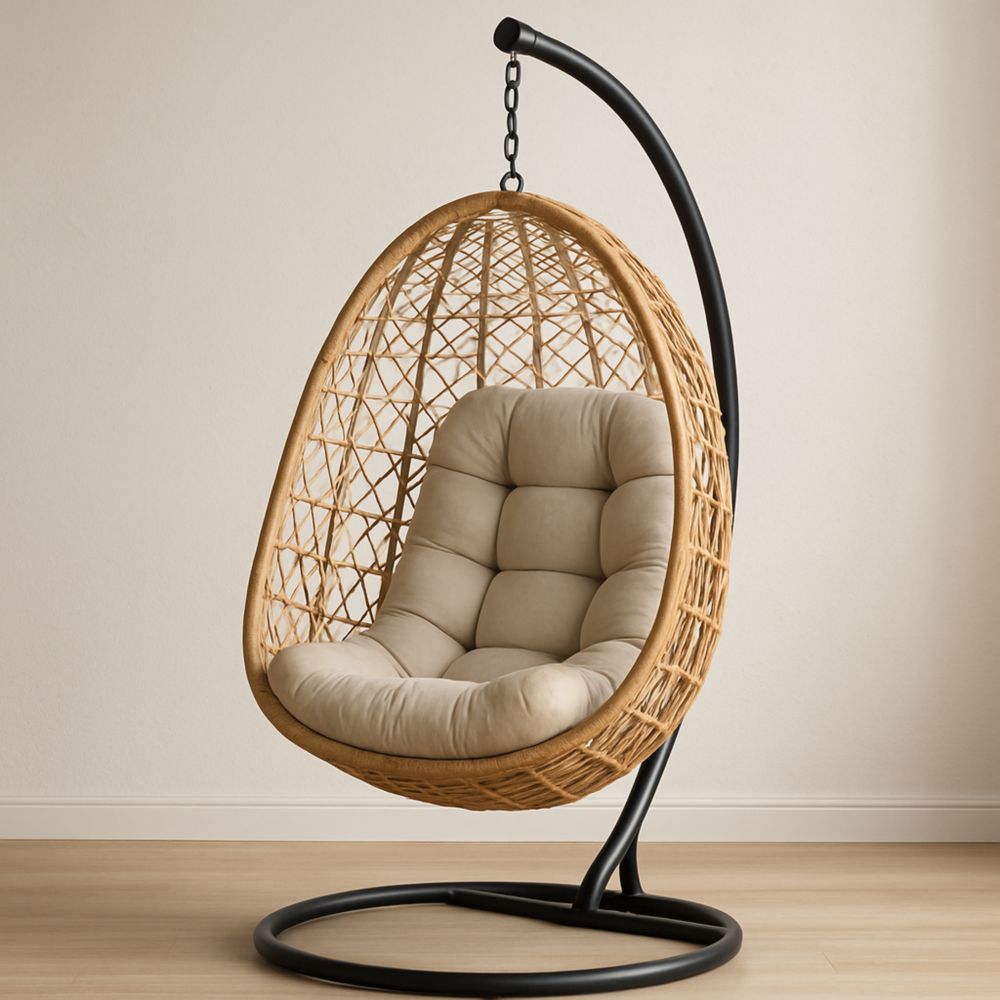 Hängesessel Rattan Beige gepolstert mit Metallständer