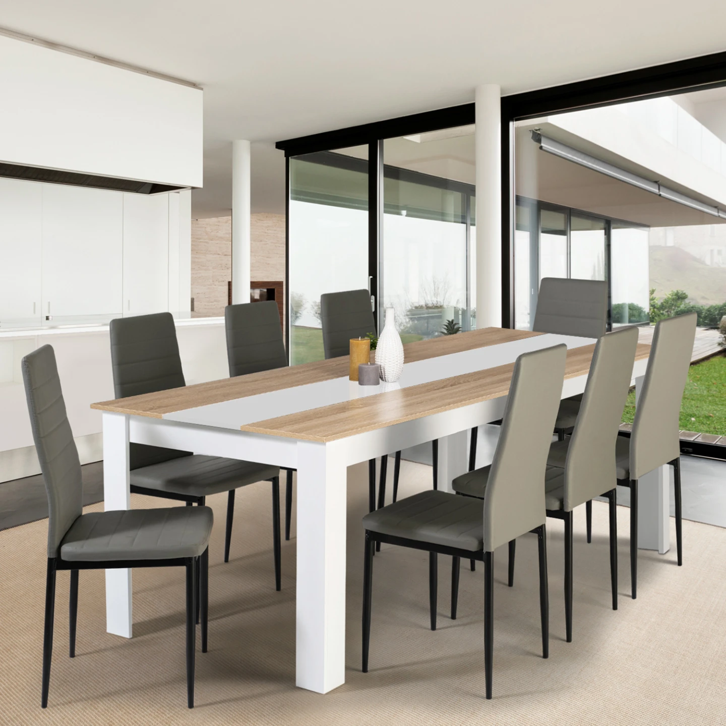 Table à manger rectangle GEORGIA 8 personnes blanche et imitation hêtre 160 x 90 cm