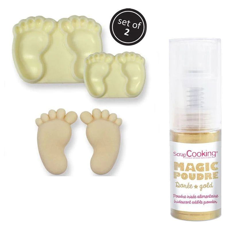 Moules à gâteaux 2 Pieds de bébé + 1 Poudre alimentaire irisée dorée Y