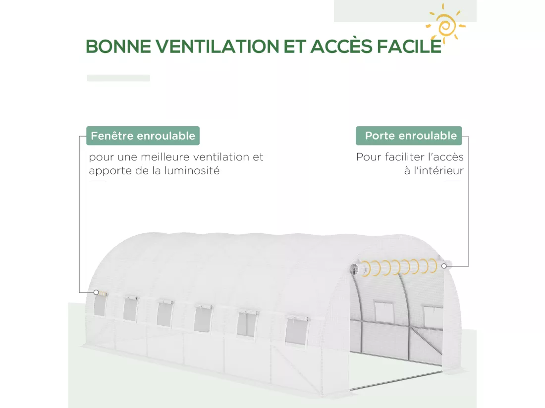 Bâche de rechange serre tunnel 18 m², bâche dim. 6L x 3l x 2H m PE anti-UV imperméable 12 fenêtres + porte enroulable zippée blanc