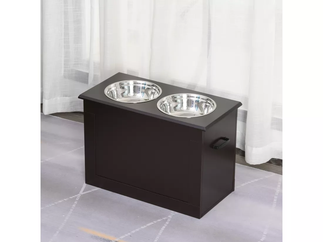 Gamelle double chien chat Porte-gamelles surélevé dim. 60L x 30l x 41H cm 2 gamelles poignées coffre MDF chocolat