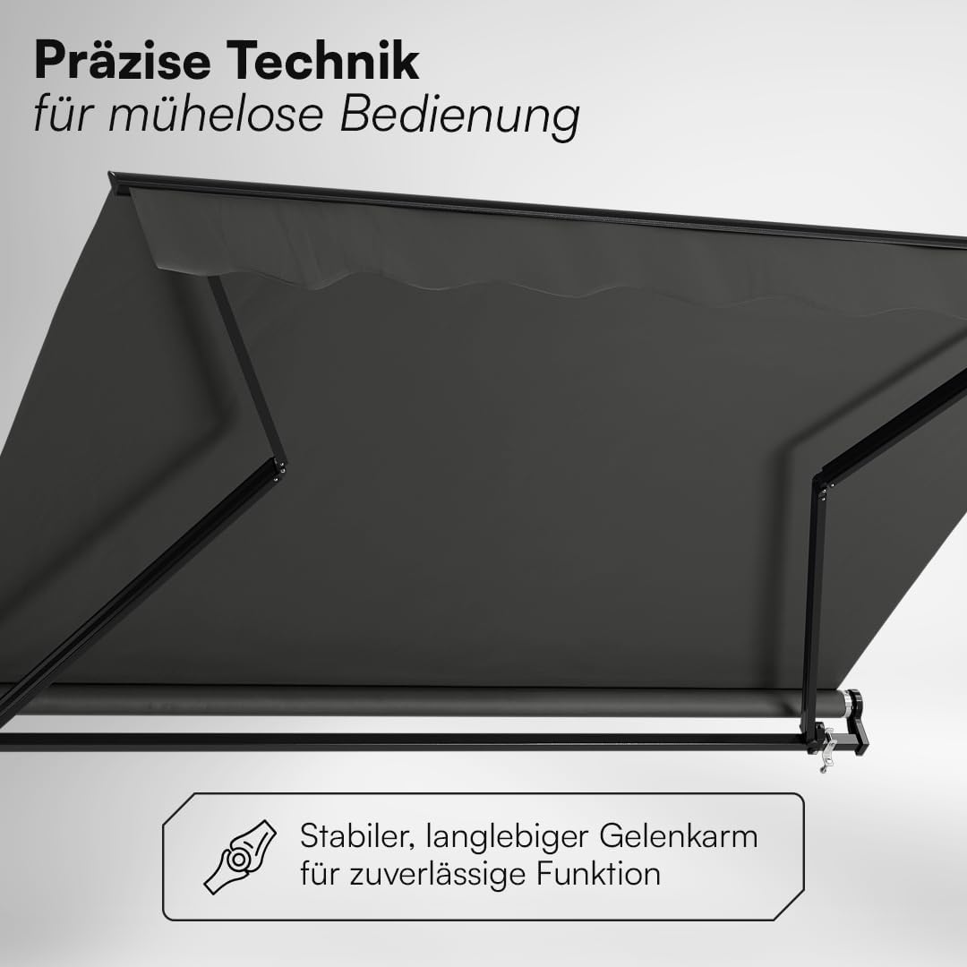 STEELSØN Kestria Markise für Balkon/Dachterrasse/Garten 250x200 cm – Gelenkarmmarkise blickdicht & wetterfest – Außenrollo mit Kurbel aus Kunststoffgewebe – Sonnenmarkise mit Wandhalterung Anthrazit