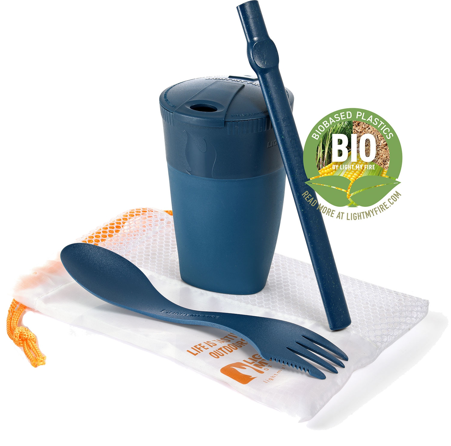 LightMyFire ReKit Trinkbecher mit Trinkhalm und Besteck aus Bioplastik Hazyblue