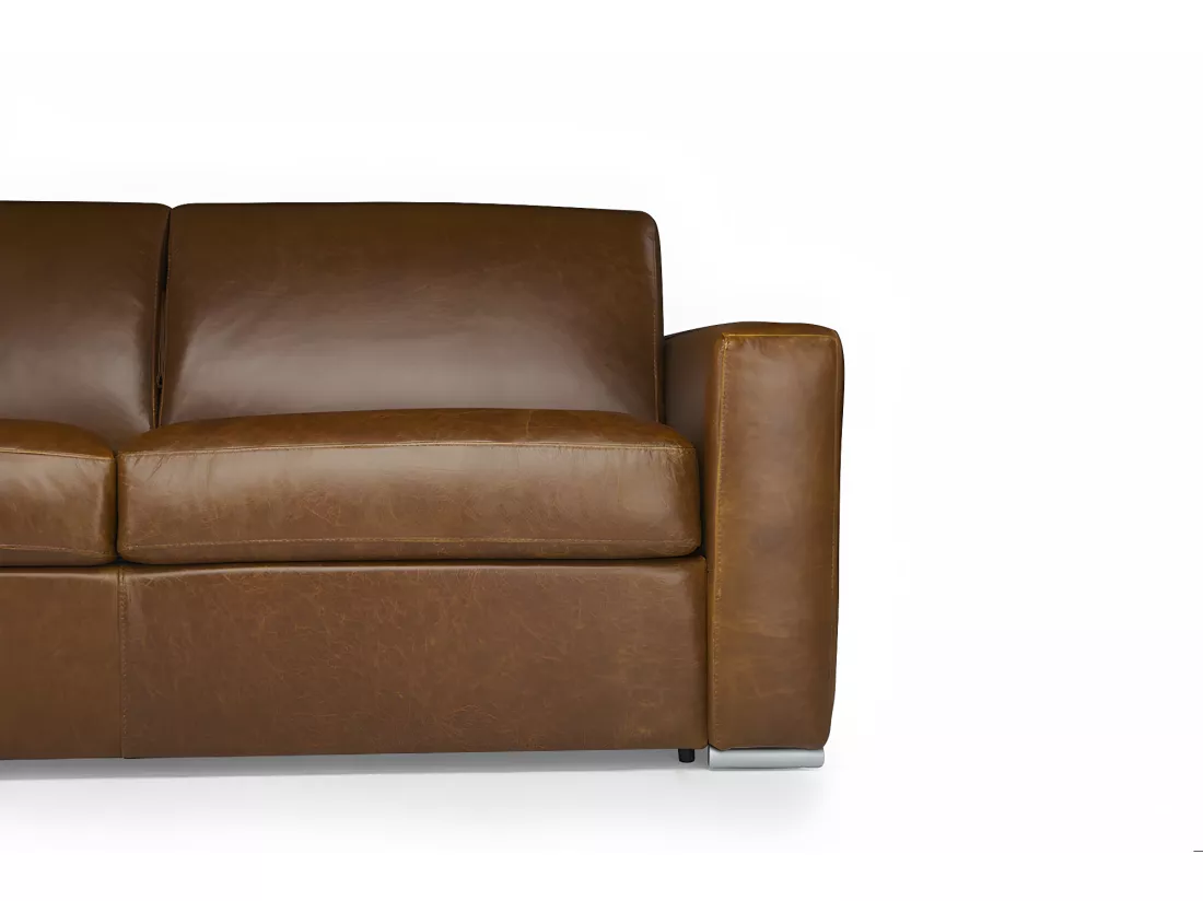 Canapé 3 places convertible express 100% cuir de buffle vintage caramel matelas 13cm DELECTEA II