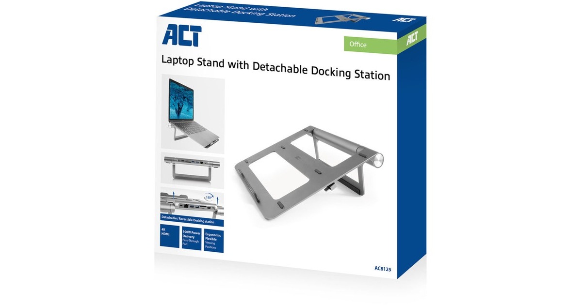 ACT ConnectivityLaptopstandaard met afneembaar USB-C docking station  (Aluminium/grijs)