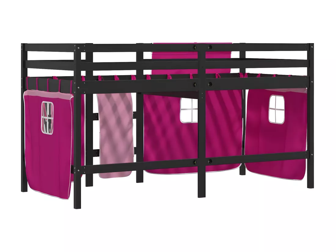 Lit mezzanine enfants et rideaux rose 90x200cm bois pin massif