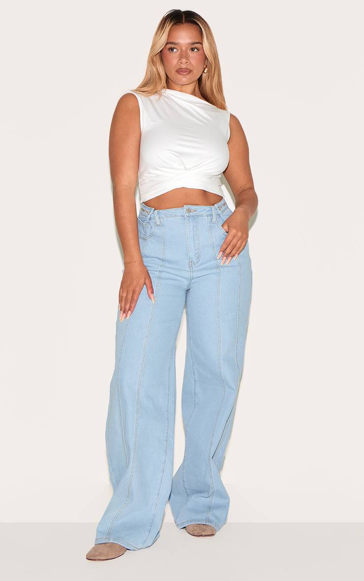 Bleu Clair Jean Taille Haute Jambes Larges En Denim Stretch Sculptant Avec Bouton Ajustable