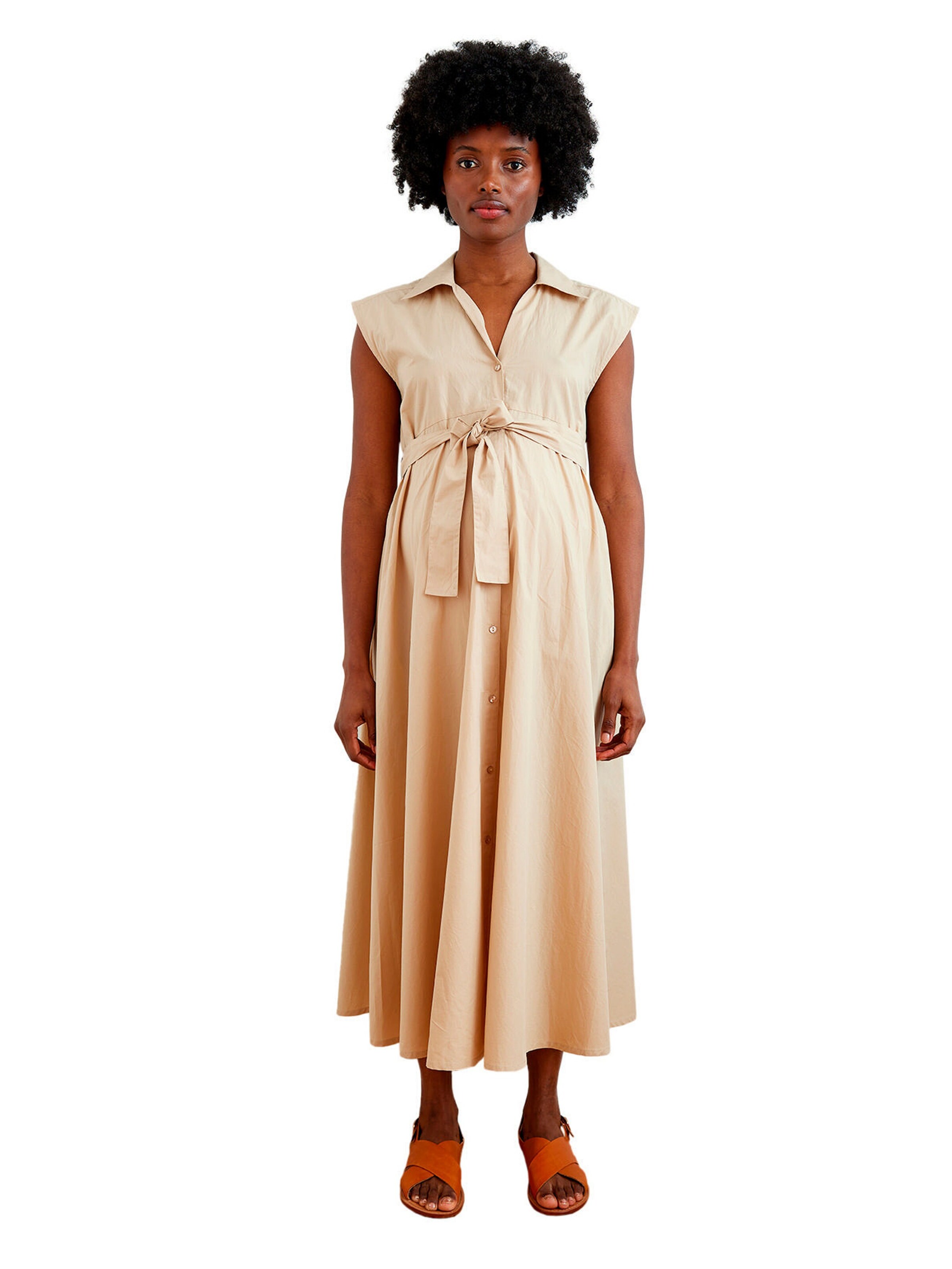 Vertbaudet Langes Baumwollkleid mit Bindegürtel für Schwangerschaft und Stillzeit sandfarben