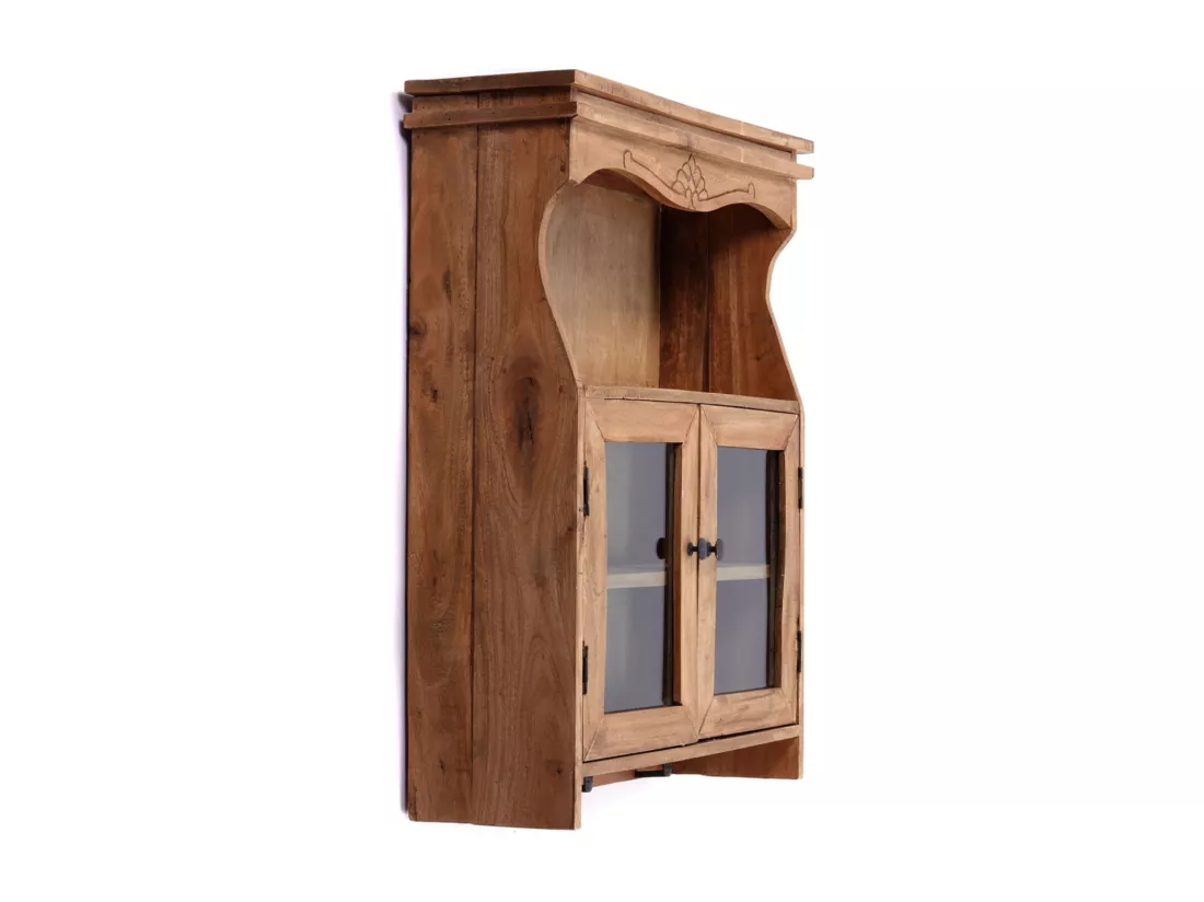ARMOIRE MURALE Ribera Bois massif en acajou, 2 portes en verre, 3 crochets couleurs naturelles