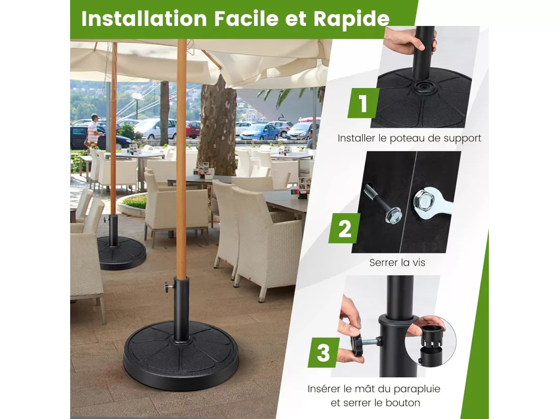 Pied de Parasol Déporté φ45CM 14KG, Base de Parasol en Résine pour Parasol 38/48 mm, Tuyau en Métal, Lestage de Parasol pour Balcon, Jardin, Patio, Terrasse, Piscine