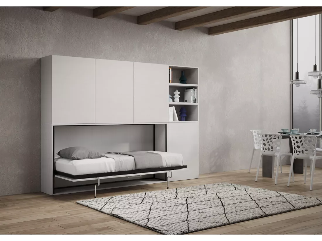 Lit escamotable horizontal blanc Bounto 85x185 avec rangement et bibliothèque composition F-1 matelas 85x185