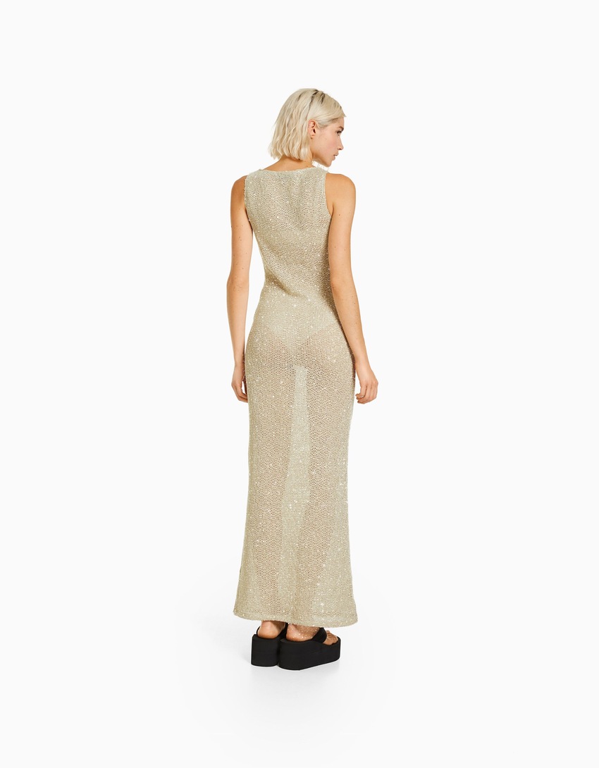 Vestido longo rústico brilhante sem mangas