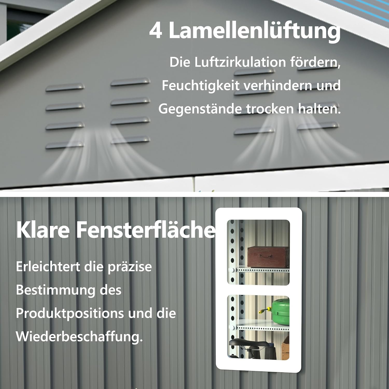 Metall Gerätehaus Gartenhaus 185x182x191cm, Geräteschuppen mit Fenster & Satteldach, wetterfest Gartenschuppen Inkl. Metallfundament (ohne Boden) für Outdoor Garten Terrasse, Grau