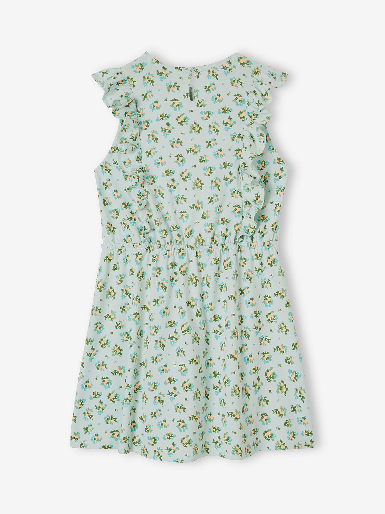 Vestido estampado com babados, para meninas, estampa verde escura