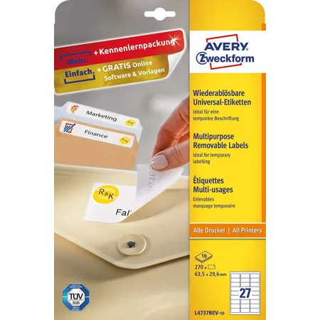 Avery Zweckform L4737REV-10 Universal-Etiketten,A4 63,5 x 29,6 mm, 10 Bogen/270 Etiketten, weiß