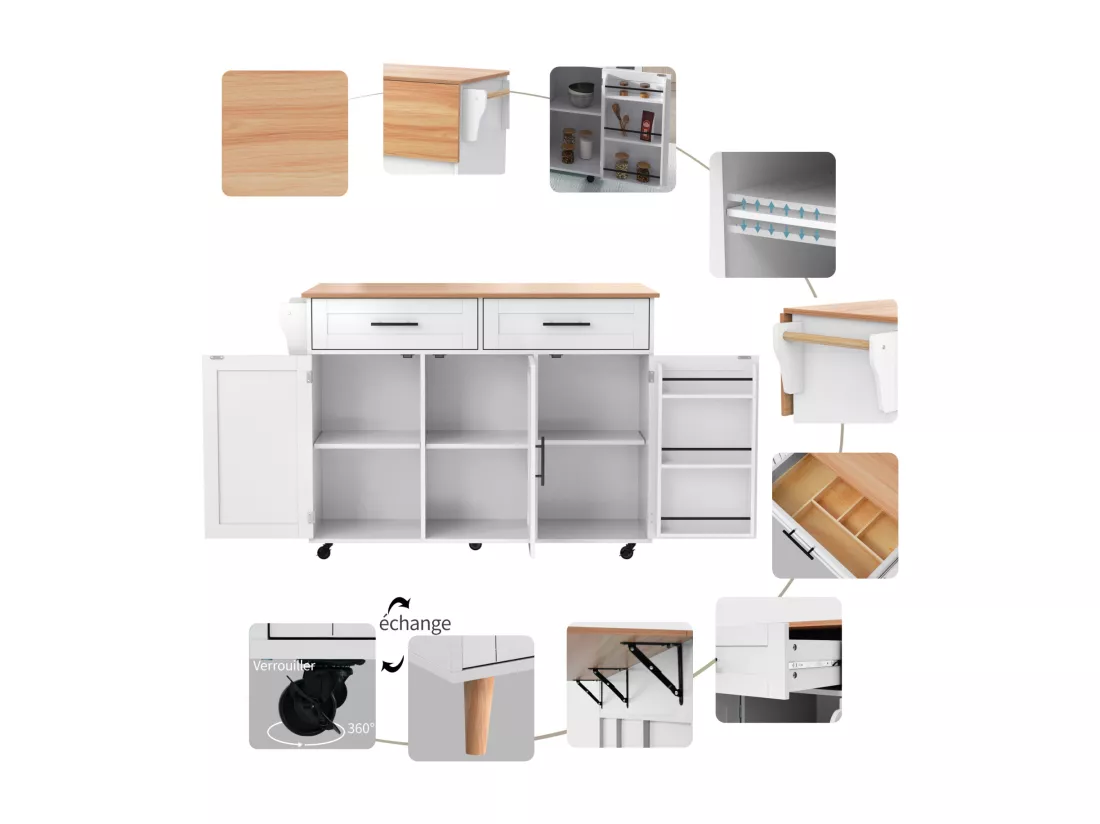 Desserte de cuisine 129x46x91.5cm, chariot de salle à manger, plan de travail pliable, armoire de rangement, blanc