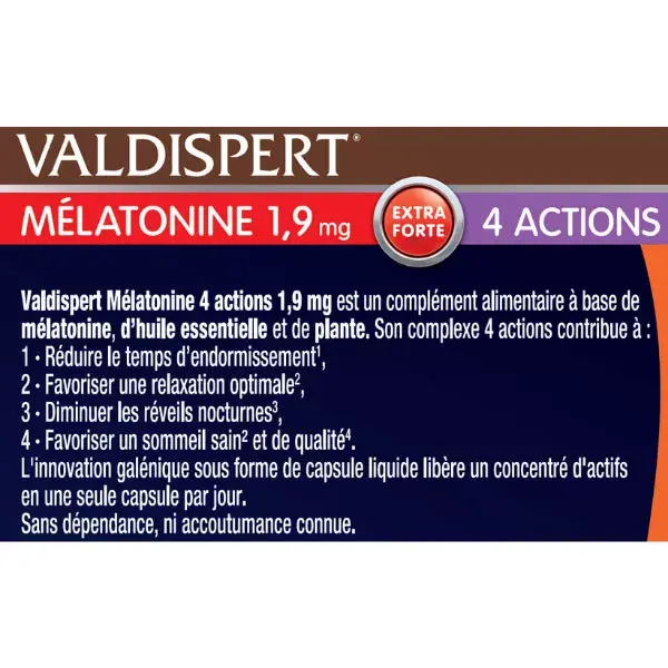 Valdispert Complément Alimentaire Sommeil 4 Actions Mélatonine 1,9mg 30 Capsules
