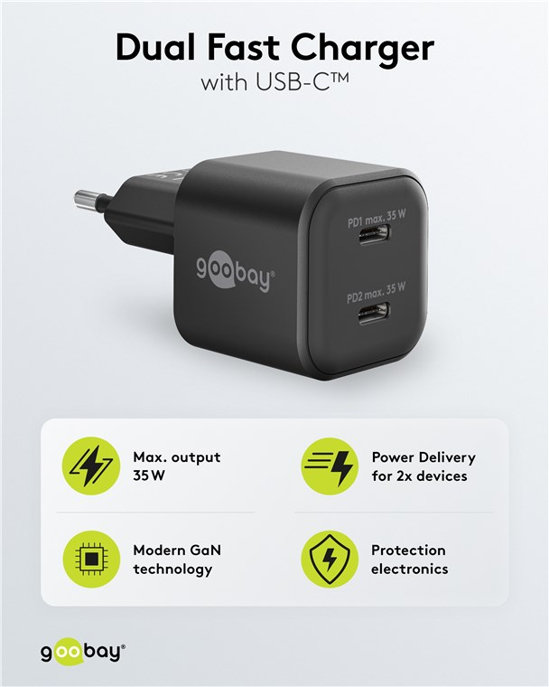 (2er Set) 35W 2x USB C GaN Ladegerät Netzteil PD   1m USB C auf USB C Ladekabel (79645) - Schwarz / Weiss