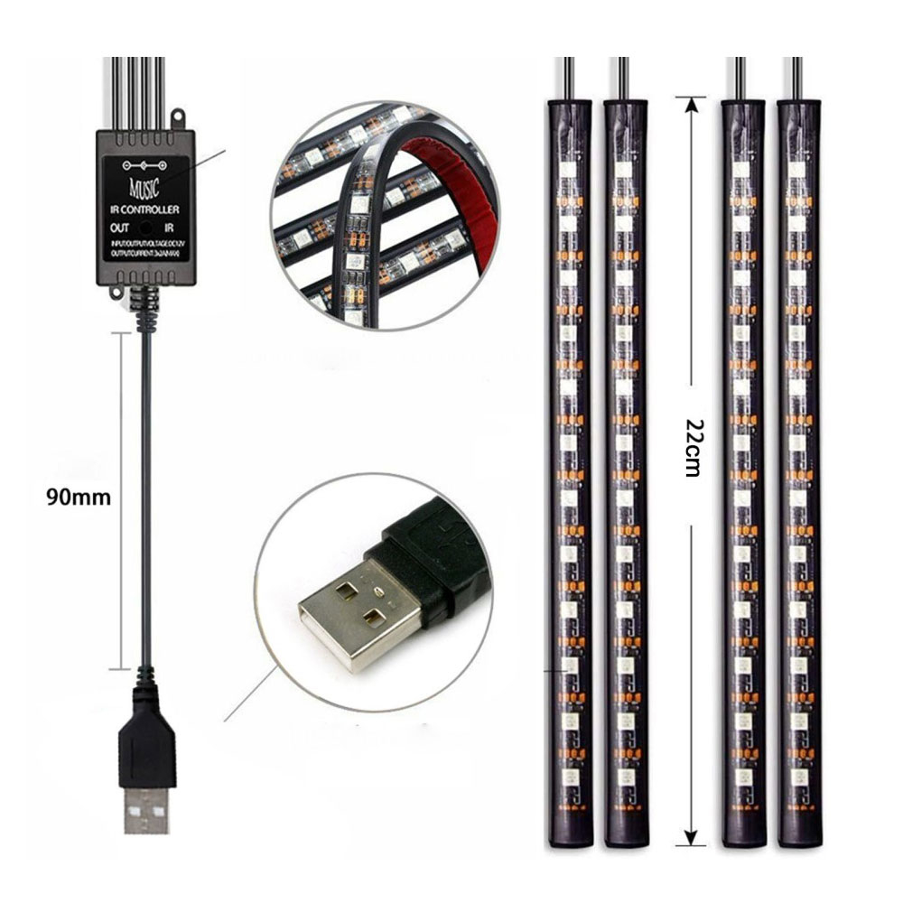 (4er Set) 48 LEDs Auto Licht Streifen RGB Fussraumbeleuchtung für KFZ Innenraum mit Sound Control   Fernbedienung - USB A