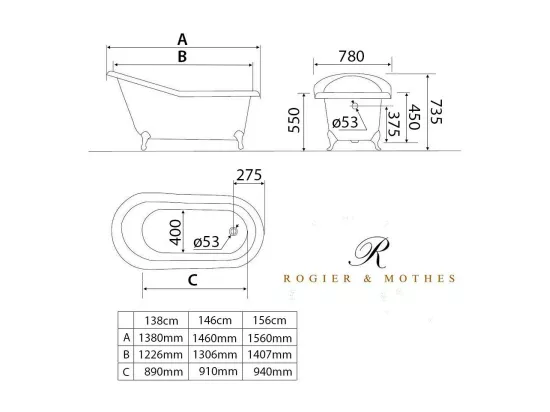 Baignoire sur pieds en fonte petite taille ASHFORD Blanche 156 cm Pieds blancs