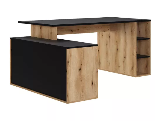 Bureau d'angle en mélamine coloris imitation chêne artisan / noir mat - Longueur 183 x profondeur 141 x Hauteur 75 cm
