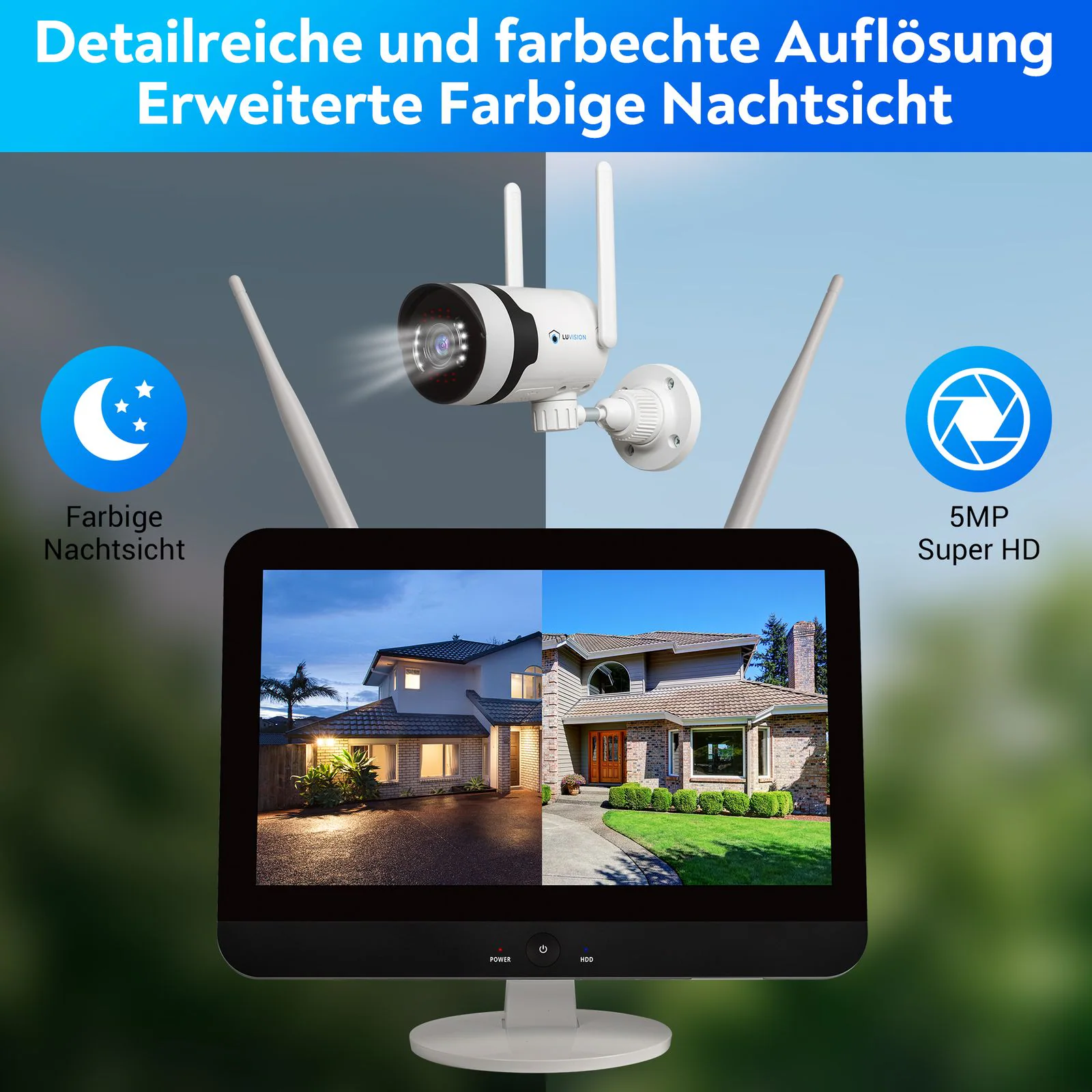 LUVISION Dual WLAN PTZ Überwachungssystem mit Monitor 5MP, Mikrofon, Sirene, Nachtsicht, Bewegungsverfolgung