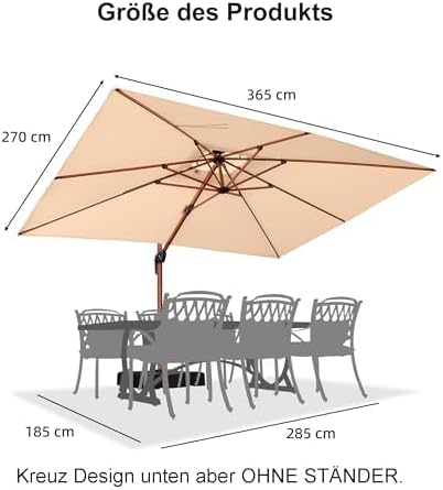 PURPLE LEAF Alu Holzoptik Ampelschirm Rechteckig 270 x 365 cm Rechteckig Sonnenschirm Groß 360°Drehbar Gartenschirm mit Kurbel, Beige