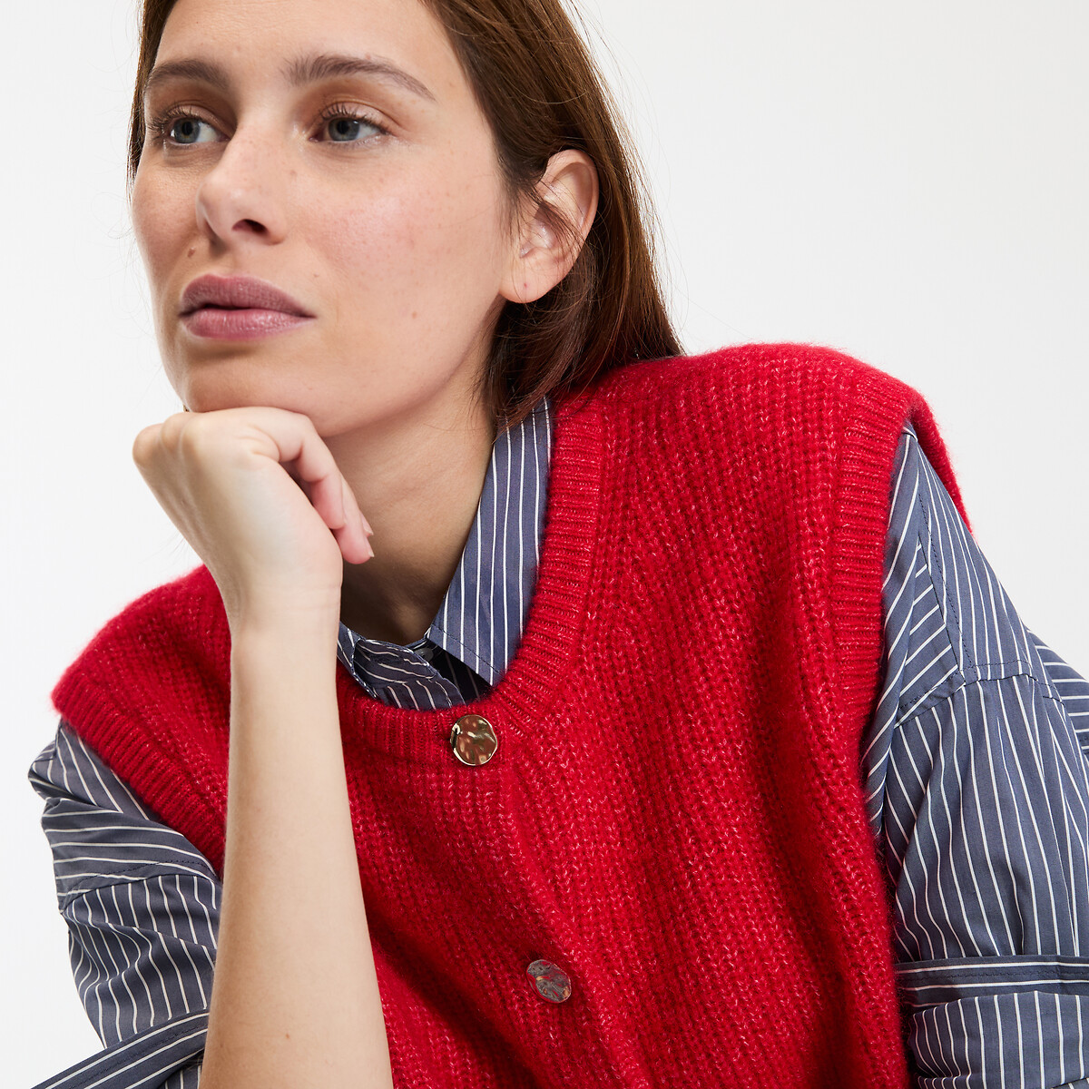 LA REDOUTE COLLECTIONS<br>Cardigã com fecho de botão, gola redonda, tricô grosso