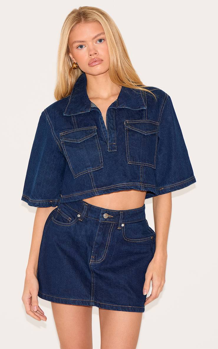Bleu Indigo Mini-jupe En Denim À Coutures Contrastées
