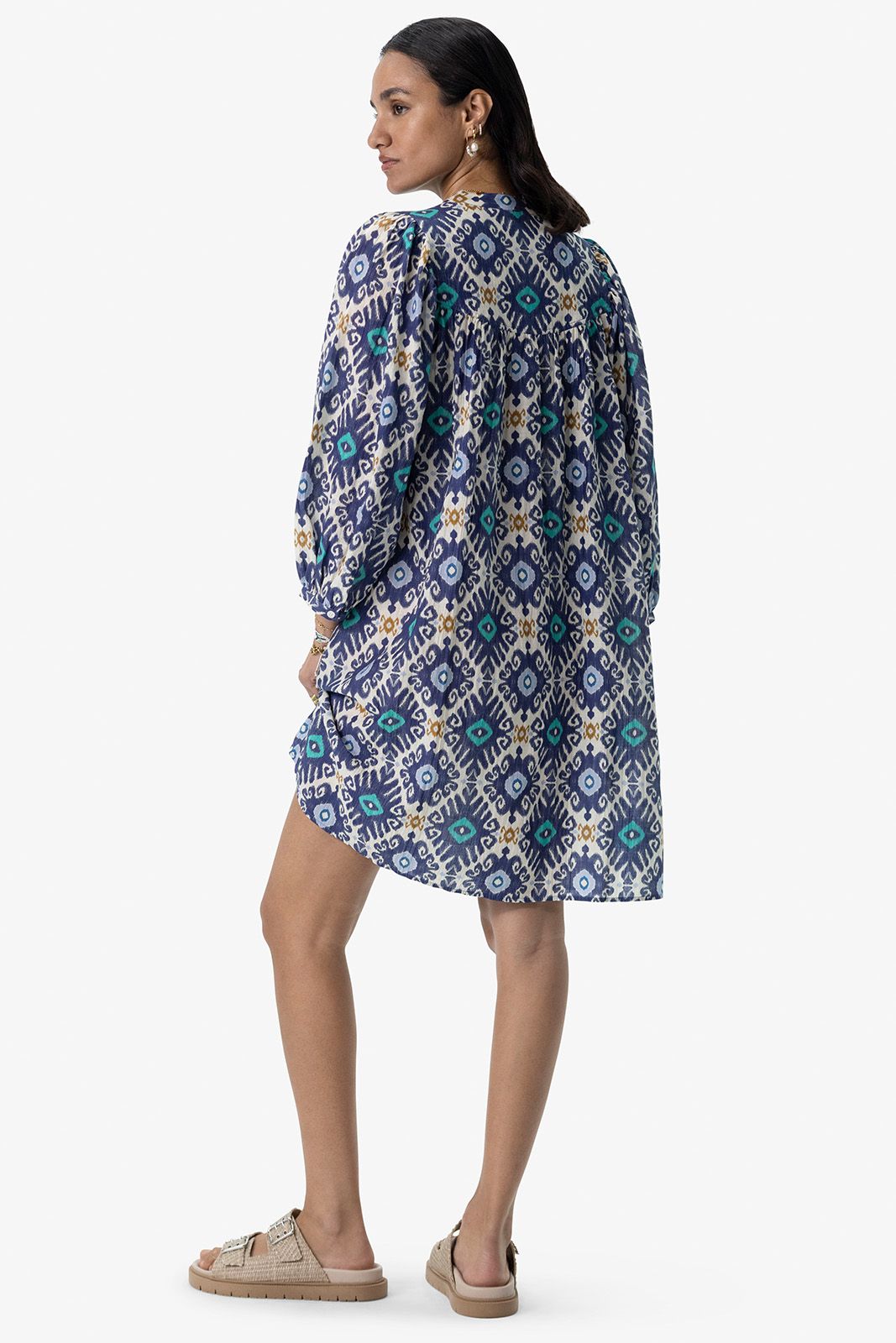 Blauwe A-lijn midi jurk met print