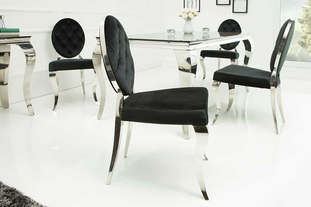 Eleganter Stuhl MODERN BAROCK schwarz Samt mit Knöpfen Edelstahlbeine