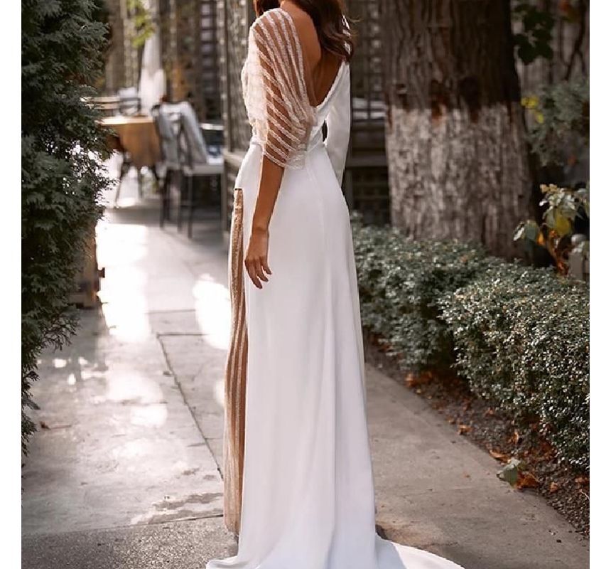 SANQI - Jumpsuit met lange mouwen, V-hals, gestreept paneel, asymmetrische wijde pijpen