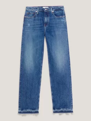 Calça jeans reta de cintura média, estilo relaxado e desbotada.