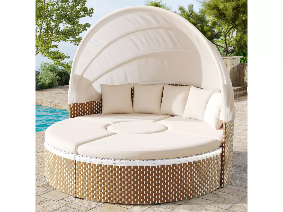 Ensemble de chaises longues de jardin, Sun Island, ensemble table et chaises de jardin, auvent extensible, plateau de table relevable, beige