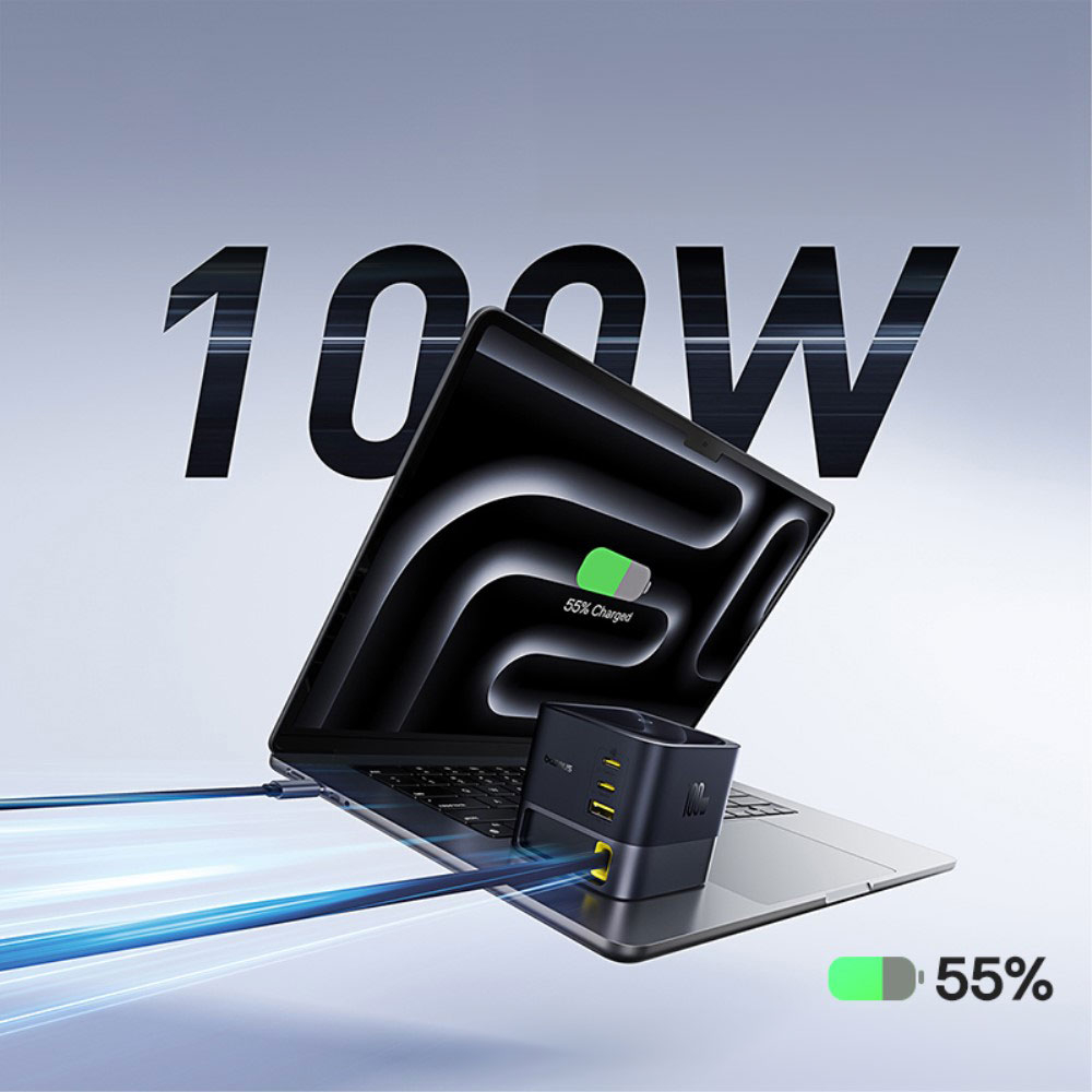 (100W) 4in1 3x USB C / 1x USB A Super GaN Ladegerät Netzteil mit ausziehbarem Ladekabel Power Delivery   (1.2m) Netzkabel - Schwarz