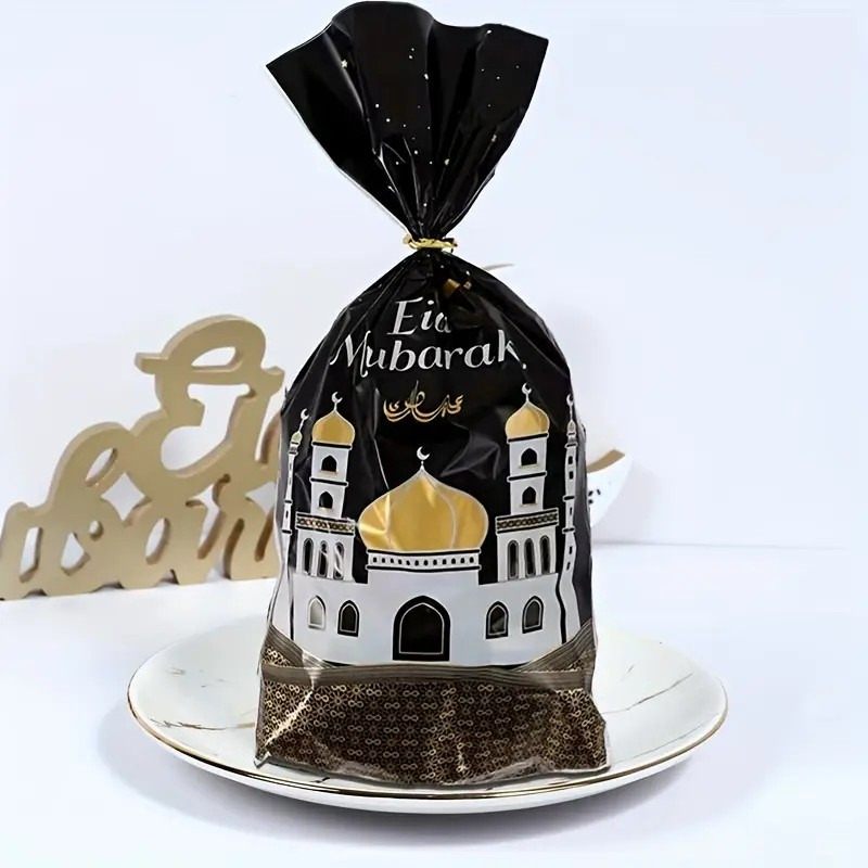 (100er Set) 275x125mm Ramadan Süssigkeiten Tüte Eid Mubarak Candy Gift Bag Geschenk Tasche - Schwarz / Gold