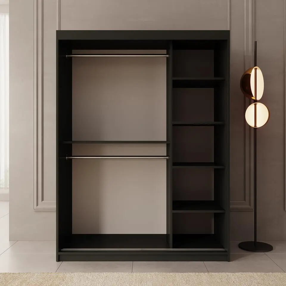 Meubella - Kledingkast Ulysses - Zwart - 150 cm - Met spiegel