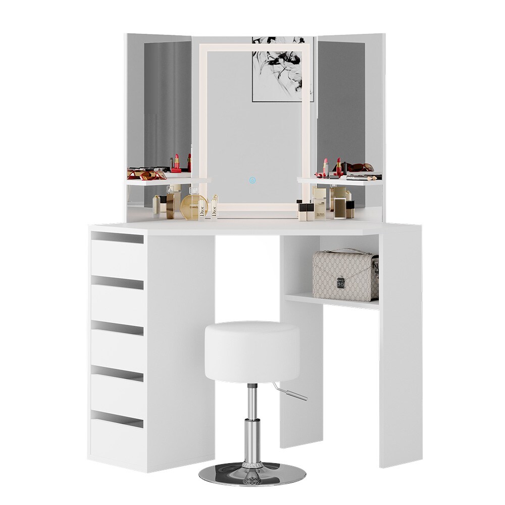 Vicco Eckschminktisch Frisiertisch Schminkkommode Arielle Weiß LED-Spiegel Hocker 111x142 cm modern Schlafzimmer Kommode Schublade Ablage Aufbewahrung Kosmetiktisch Schminkkonsole Make-Up-Tisch