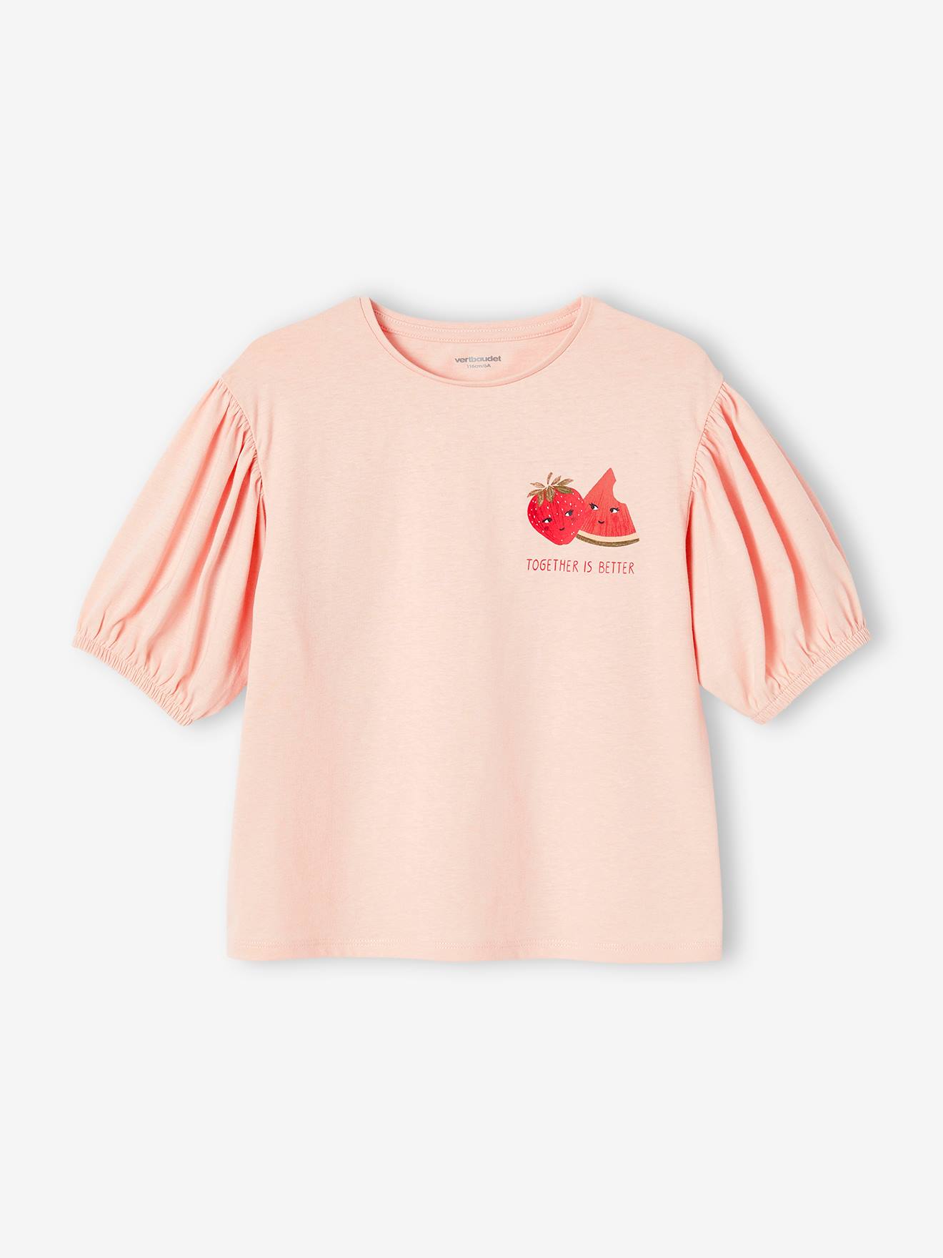 Camiseta infantil com mangas bufantes e estampa de frutas no peito, na cor cru.