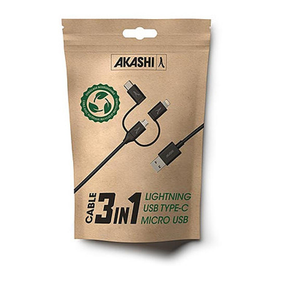 Akashi Câble Eco 3-en-1 USB-A vers USB-C - Lightning - micro USB - 1 m