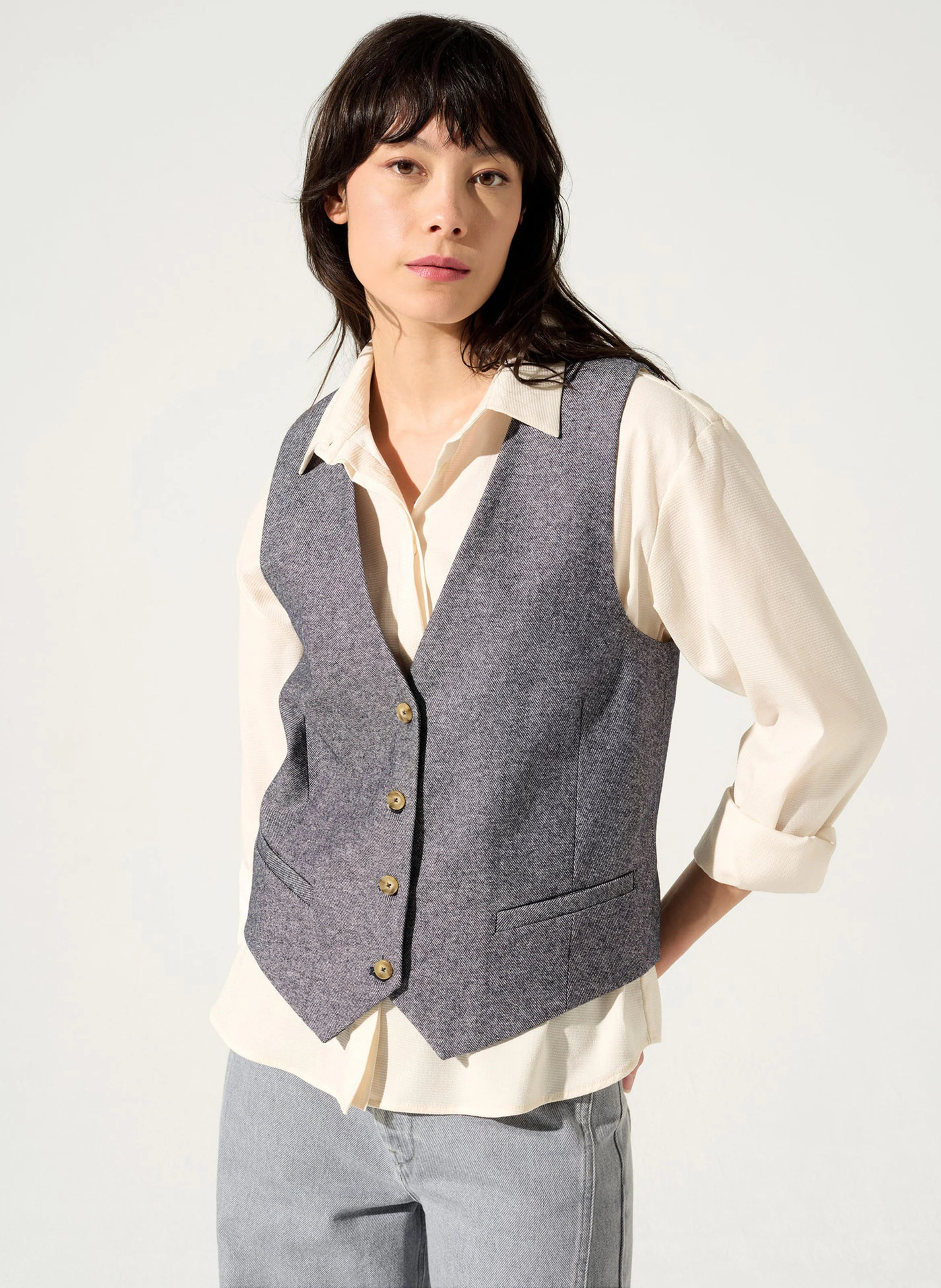 DAVOR - Gilet col V en coton mélangé | Bleu