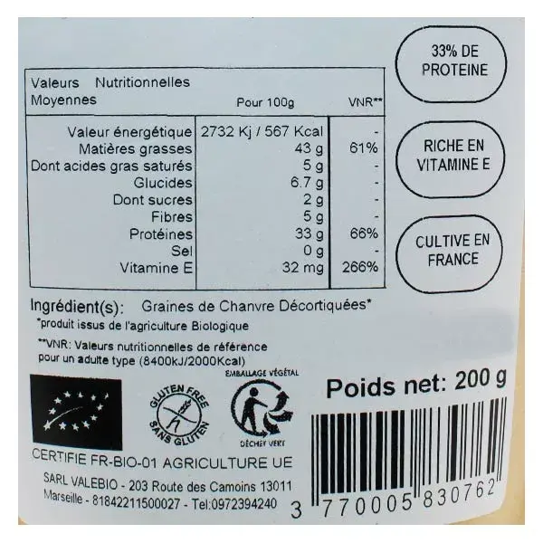 Valebio Graine de Chanvre Décortiquée Bio 200g