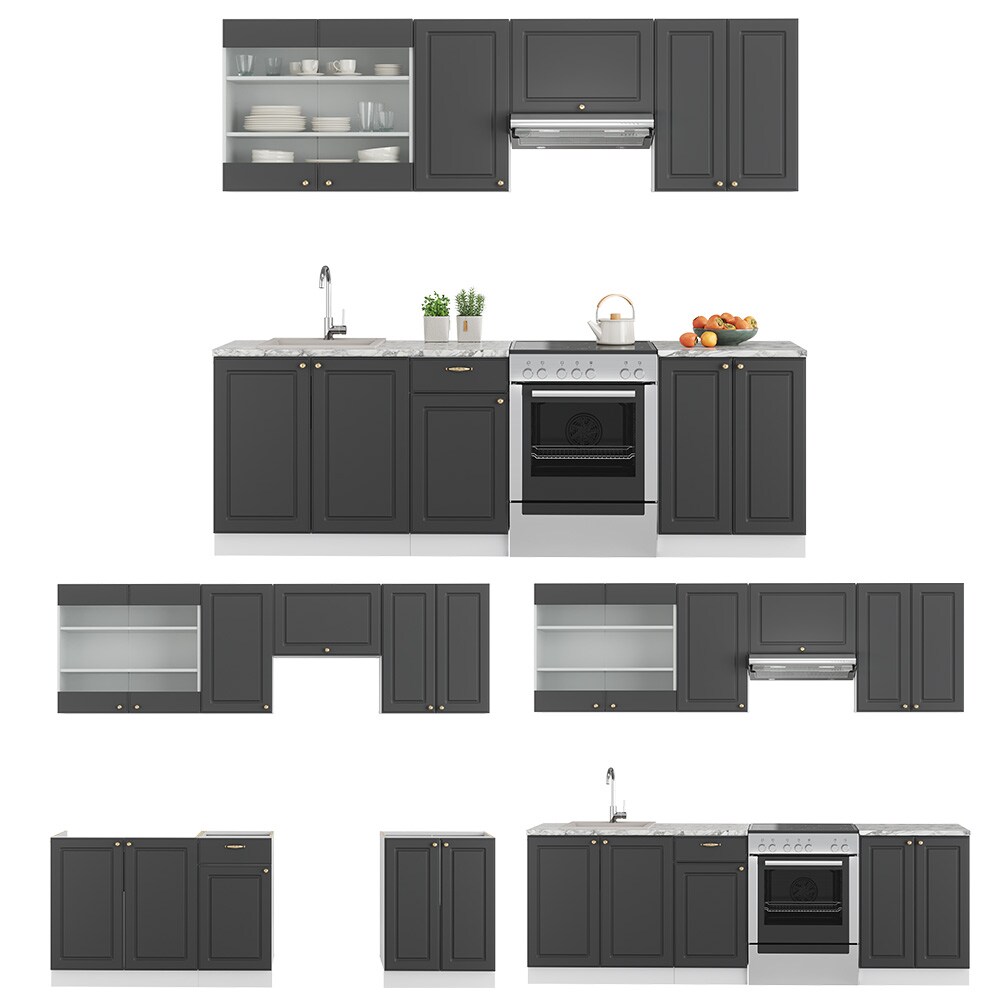 Vicco Küchenzeile Küchenblock Einbauküche Fame-Line Landhaus Weiß Anthrazit Gold 240 cm Küchen Schränke Spülenunterschrank Schubunterschrank Hängeschrank Hängeglasschrank
